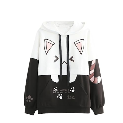 Damen Kawaii Katze Hoodie Ästhetik Anime Niedlich Japanische Kitty Meow Kapuzenpullover Mädchen Langarm Top, schwarz, Einheitsgröße von KEAIDO