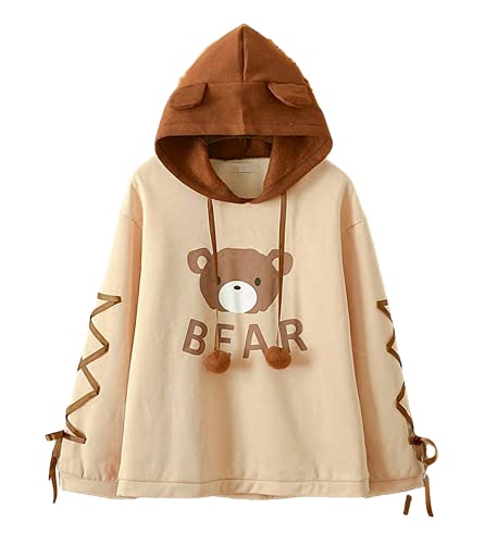 Kawaii Kapuzenpullover Niedliche Bären Ohren Teddy Grafik Frauen Mädchen Langarm Top Japanisches Sweatshirt Pullover Dicker Warm Plüsch Casual Kapuzenpullover Anime Herbst, Braun, Einheitsgröße von KEAIDO