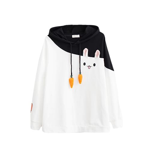 Kawaii Kapuzenpullover Niedliche Häschenohren Frauen Langarm Top Kaninchen Karotte Kordelzug Japanisches Sweatshirt Pullover Pullover Herbst Winter, Weiß, Large von KEAIDO