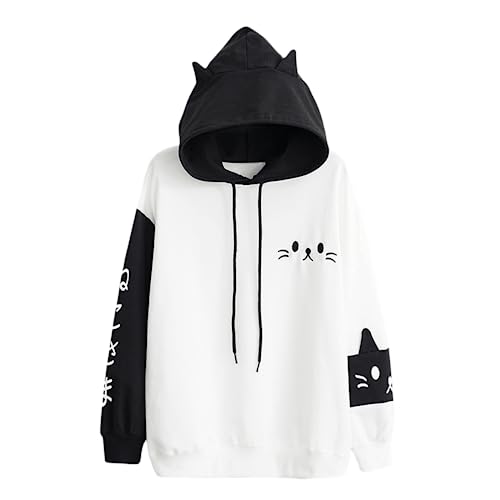 Kawaii Katze Hoodie Frauen Meow Girl Langarm Japanese Kitty Sweatshirt Pullover, Weiß, Medium von KEAIDO