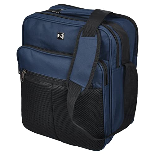 KEANU TOP hochwertiger Flugbegleiter Umhängetasche :: 2 DIN A4 Fächer (Ordner passt) 2 Vordertaschen Qualität :: Arbeitstasche Herrentasche im Hochformat oder Querformat (Navy Blau) von KEANU