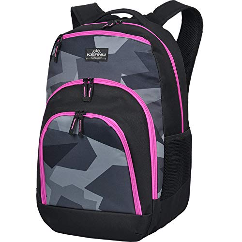 KEANU XL Rucksack 33 Liter College Schulrucksack, Thermo Iso Fach, 15,6 Zoll Laptopfach Jungen Mädchen Daypack Reiserucksack AUSWAHL (Geometric Camo Pink Reißverschlüsse) von KEANU