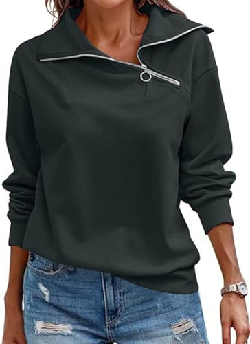 KEBORUILA Hoodie Damen Sweatjacke Half Zip Sweatshirt Langarm Pullover Frühling Herbst Kapuzenpullover Oberteile Dunkelgrün S von KEBORUILA