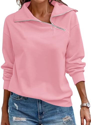 KEBORUILA Hoodie Damen Sweatjacke Half Zip Sweatshirt Langarm Pullover Frühling Herbst Kapuzenpullover Oberteile Hellrosa XS von KEBORUILA