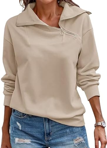KEBORUILA Hoodie Damen Sweatjacke Half Zip Sweatshirt Langarm Pullover Frühling Herbst Kapuzenpullover Oberteile Khaki XXL von KEBORUILA