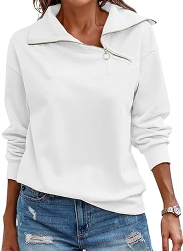 KEBORUILA Hoodie Damen Sweatjacke Half Zip Sweatshirt Langarm Pullover Frühling Herbst Kapuzenpullover Oberteile Weiß XXL von KEBORUILA