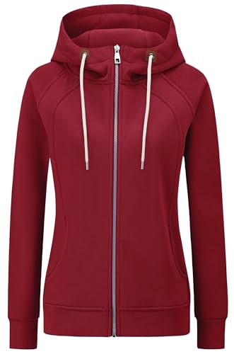 KEBORUILA Hoodie Damen Sweatjacke Kapuzenjacke Herbst Winter Sweatshirt Kapuzenpullover Mit Kapuze Reißverschluss Oberteile 2025 Weinrot M von KEBORUILA