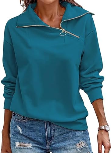 KEBORUILA Pullover Damen Stehkragen Langarm und 1/4 Ausschnitt mit Reißverschluss Frühling Herbst Sweatshirt Oberteile Top Blauer See S von KEBORUILA