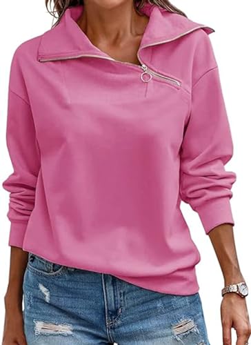 KEBORUILA Pullover Damen Stehkragen Langarm und 1/4 Ausschnitt mit Reißverschluss Frühling Herbst Sweatshirt Oberteile Top Heißes Rosa L von KEBORUILA