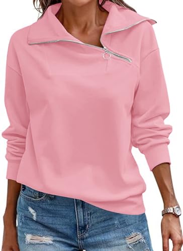 KEBORUILA Pullover Damen Stehkragen Langarm und 1/4 Ausschnitt mit Reißverschluss Frühling Herbst Sweatshirt Oberteile Top Hellrosa M von KEBORUILA