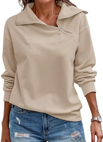 KEBORUILA Pullover Damen Stehkragen Langarm und 1/4 Ausschnitt mit Reißverschluss Frühling Herbst Sweatshirt Oberteile Top Khaki L von KEBORUILA