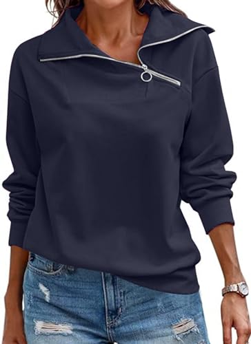 KEBORUILA Pullover Damen Stehkragen Langarm und 1/4 Ausschnitt mit Reißverschluss Frühling Herbst Sweatshirt Oberteile Top Navy Blau 3XL von KEBORUILA