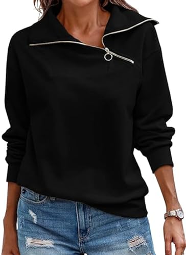 KEBORUILA Pullover Damen Stehkragen Langarm und 1/4 Ausschnitt mit Reißverschluss Frühling Herbst Sweatshirt Oberteile Top Schwarz L von KEBORUILA