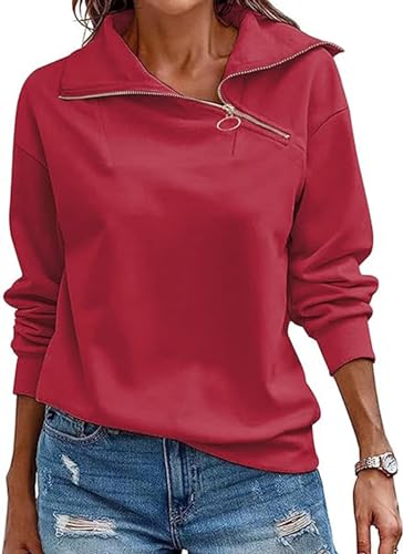 KEBORUILA Pullover Damen Stehkragen Langarm und 1/4 Ausschnitt mit Reißverschluss Frühling Herbst Sweatshirt Oberteile Top Weinrot L von KEBORUILA