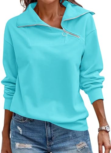 KEBORUILA Pullover Damen Stehkragen Langarm und 1/4 Ausschnitt mit Reißverschluss Frühling Herbst Sweatshirt Oberteile Top hellblau L von KEBORUILA