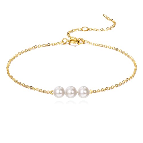 KECHO 14 Karat Gold Süßwasser Zucht Weiß 3 perlen Armband Echtgold Schmuck Geburtstags Geschenke für Damen von KECHO