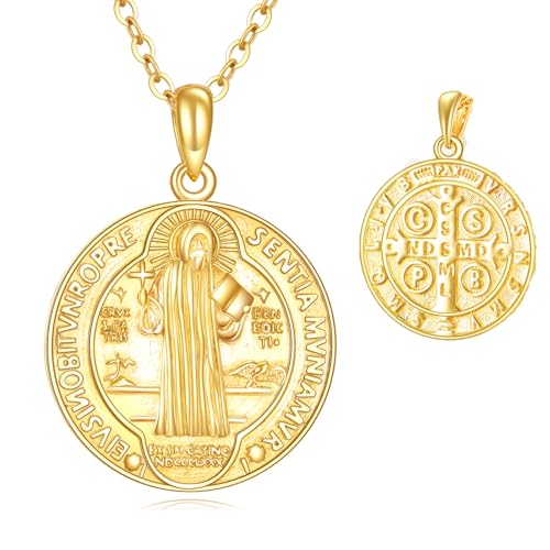 KECHO 14K Gold Saint Benedict Halskette Religiöser Anhänger Schutzpatron Anhänger 14K Echtgold Religiöser Schmuck für Männer Frauen KECHO 14K Gold Saint Benedict Halskette Religiöser Anhänger Schutzpatron Anhänger 14K Echtgold Religiöser Schmuck für Männer Frauen von KECHO