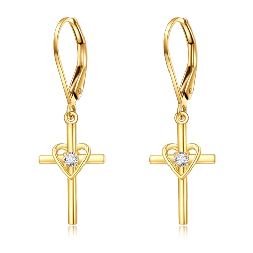 KECHO 14K Massivgold-Herz-Kreuz-Ohrringe mit Hebelverschluss hängende Ohrringe 14K Echtgold-Schmuck religiöse Taufgeschenke für Damen KECHO 14K Massivgold-Herz-Kreuz-Ohrringe mit Hebelverschluss hängende Ohrringe 14K Echtgold-Schmuck religiöse Taufgeschenke für Damen von KECHO