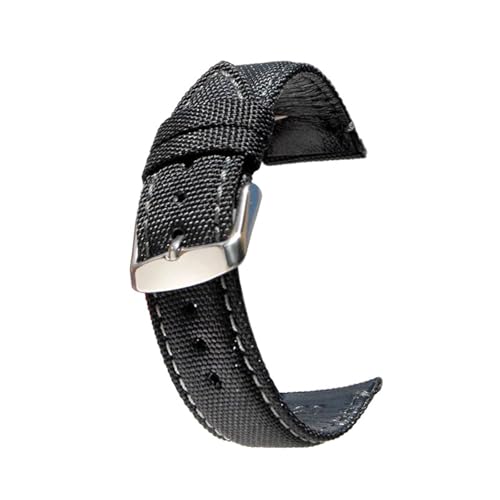 KEDFZY 18–22 mm, 20–22 mm breit, 19 cm lang, handgenähtes Nylon-Canvas und Lederband mit verstellbaren Beschlägen.,Schwarz,20 mm von KEDFZY
