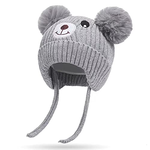 KEELYY Baby Mütze Beanie Strickmütze Herbst Wintermütze Süßer Bär Hut mit Earflap und Bindebändern Warm Hat für Jungen Mädchen von KEELYY