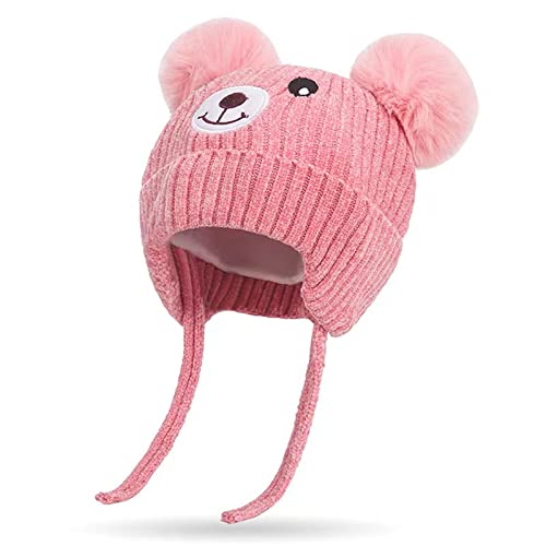 KEELYY Baby Mütze Beanie Strickmütze Herbst Wintermütze Süßer Bär Hut mit Earflap und Bindebändern Warm Hat für Jungen Mädchen von KEELYY