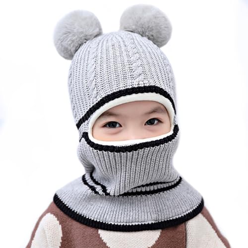 KEELYY Kinder Schlupfmütze Jungen Mädchen Schalmütze Wintermütze mit Bommel Warm Gefüttert Strickmütze Winter Schal Mütze für Baby Alter 1-6 Jahre, Grau von KEELYY