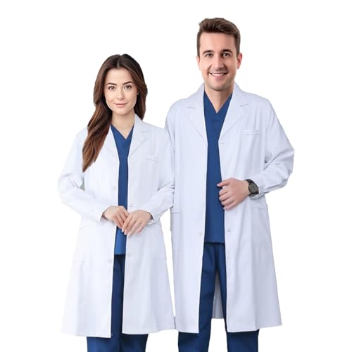 KEELYY Laborkittel Herren Damen Arztkittel Weißer Kittel Labormantel Baumwolle Langarm Arbeitskleidung für Labor Medizin Hygiene Mantel, M von KEELYY