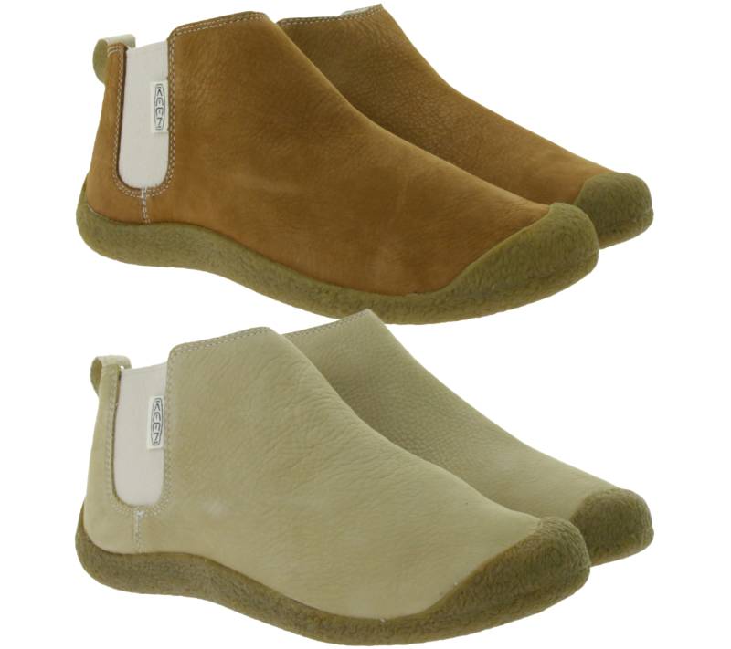 KEEN Mosey Chelsea Damen Stiefelette Echtleder Schlupf-Schuhe mit Wechselfußbett in Braun oder Beige von KEEN