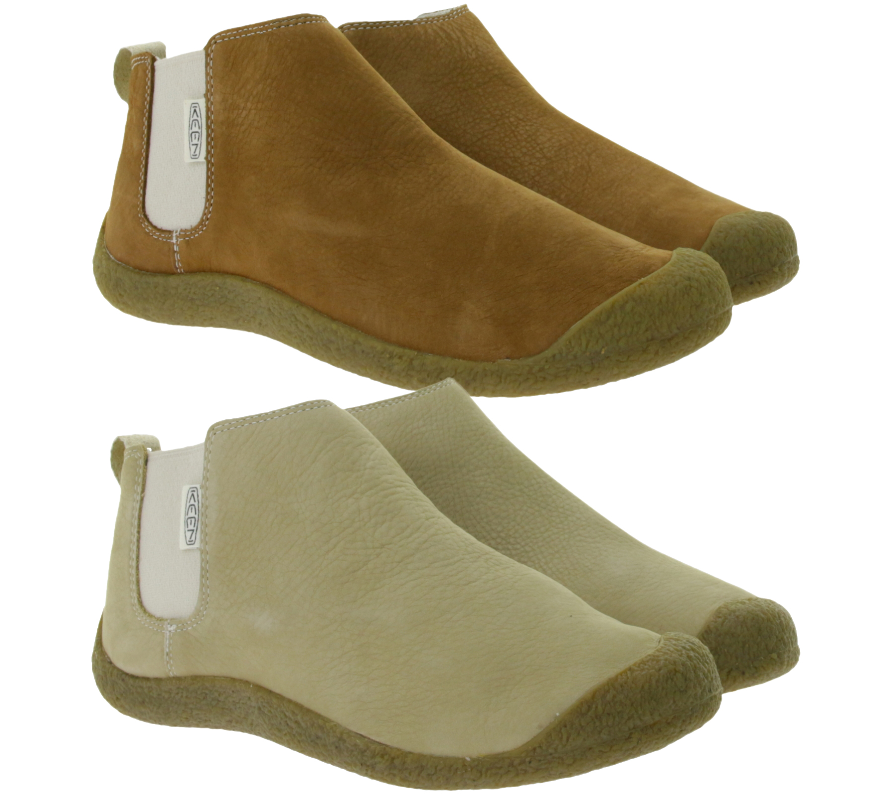 KEEN Mosey Chelsea Damen Stiefelette Echtleder Schlupf-Schuhe mit Wechselfußbett in Braun oder Beige von KEEN