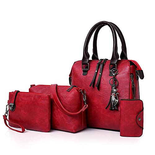 Damen-Handtasche, 4-teiliges Set, Designer-Quaste mit Griff oben, PU-Leder, Schultertasche, Crossbody-Taschen, Geldbörsen-Set für Frauen, Rot - rot - Größe: 33 EU von KEEPOP