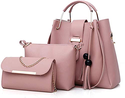 Damen-Handtasche, Schultertasche, Geldbörse, 3-teiliges Set, Handtasche, weiches PU-Leder, Rosa von KEEPOP