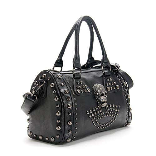 KEEPOP Damen-Handtasche mit Nieten, aus Leinen, Punk-Handtasche mit Schultergurt, Crossbody-Tasche, großes Fassungsvermögen, Schwarz, Mit Totenkopf-Nieten, von KEEPOP