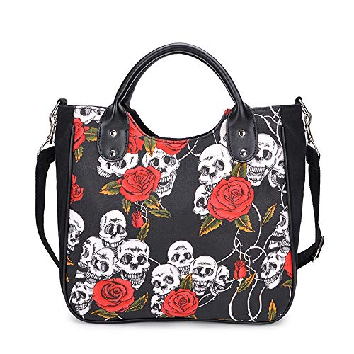 Damen-Handtasche mit Nieten, aus Leinen, Punk-Handtasche mit Schultergurt, Crossbody-Tasche, großes Fassungsvermögen, Schwarz, Rosen-Schädel, von KEEPOP