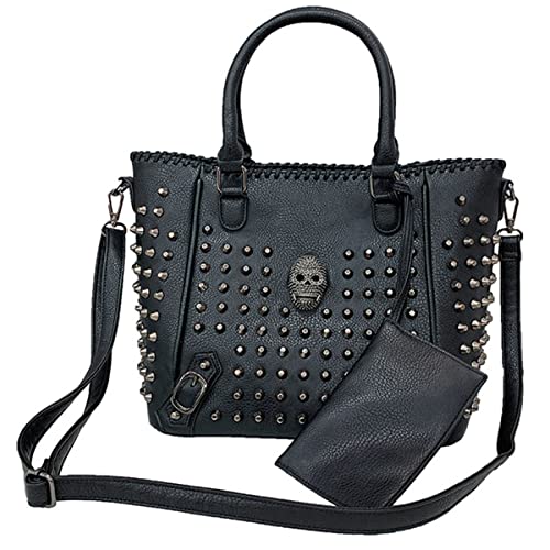 KEEPOP 2-PC Damen Schädel Shopper Tasche Niet Henkeltaschen Studded Handtasche PU Leder Umhängetaschen Große Kapazität Schultertasche Schwarz von KEEPOP