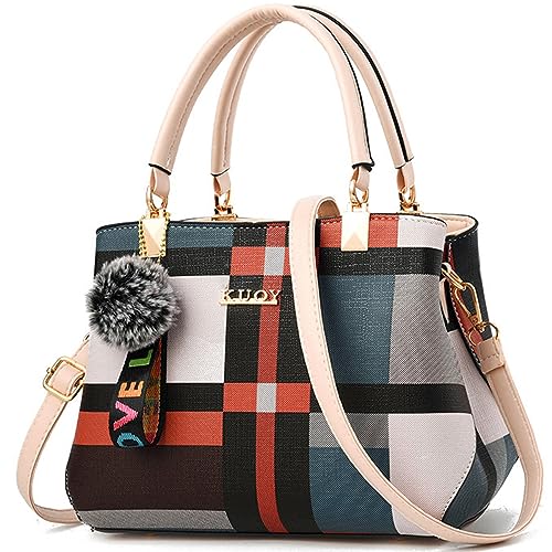 KEEPOP Damen Handtasche,PU Leder Henkeltaschen Frauen Stilvolle Anhänger Schultertaschen Taschen Karomuster Umhängetasche von KEEPOP