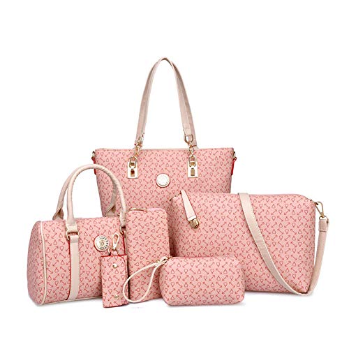 KEEPOP Damen Handtaschen Set 6tlg PU Leder Geldbörse Set Schulter Crossbody Umhängetasche (Rosa) von KEEPOP