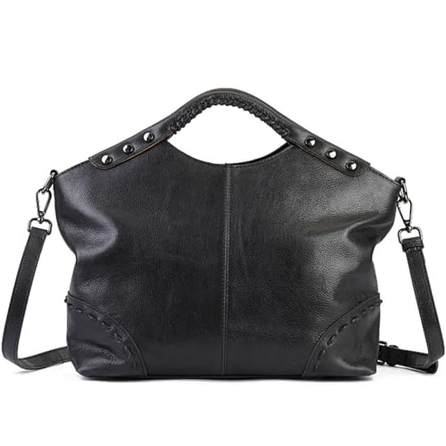 KEEPOP Damen Schultertasche Vintage Echtleder Niete Groß Shopper Henkeltasche Tote Bag Handtasche Umhängetaschen von KEEPOP