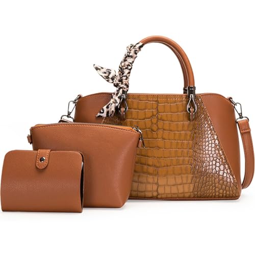 KEEPOP Handtasche Set Damen Shopper Tote Krokodilmuster Tasche PU Leder Schultertasche Frauen Umhängetasche Henkeltasche Tragetaschen 3-Teiliges Set von KEEPOP