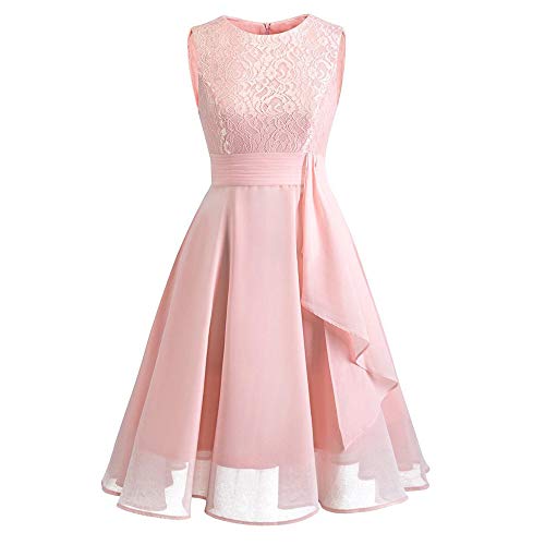 KEERADS Damen Festliches Kleid Knielang Elegant Vintage Ärmellos Cocktailkleid Abendkleid Sommerkleid Mit Spitzen (M, Rosa) von KEERADS Damen