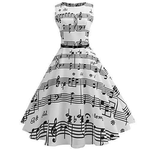 KEERADS Kleid 50er Jahre Rockabilly Damen Vintage Elegant Musikalische Note Bodycon Ärmellos Casual Abend Prom Swing Kleid Röcke Petticoat (S~XXL) von KEERADS Damen