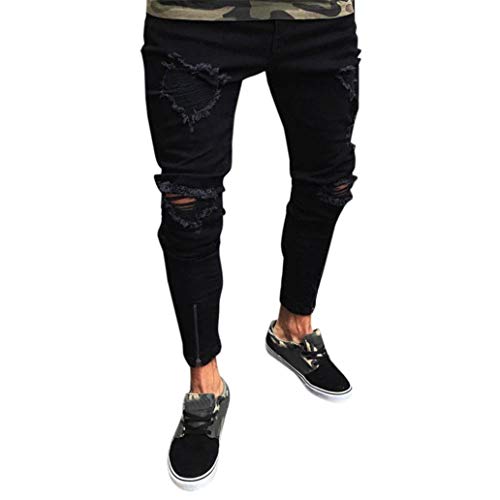 Herren Jeanshose Slim Fit Strech Skinny Destroyed Löchern Jeans Denim Jeans Hosen (32, X-Schwarz A) von KEERADS Herren