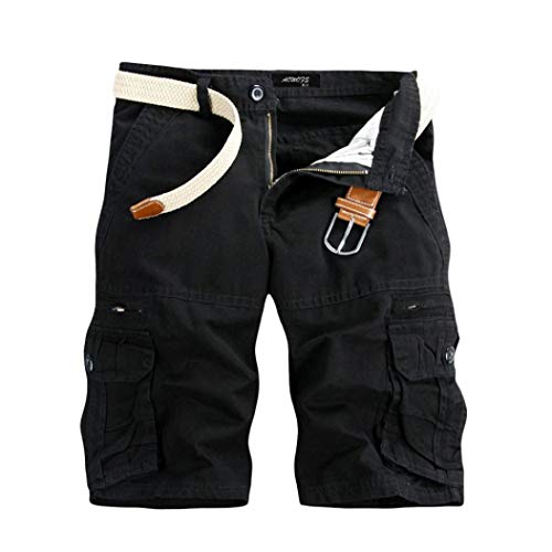 KEERADS Herren Shorts Sommer Cargo Chino Bermuda Vintage Kurz Hose mit Taschen (Kein Gürtel)(34,Schwarz) von KEERADS Herren