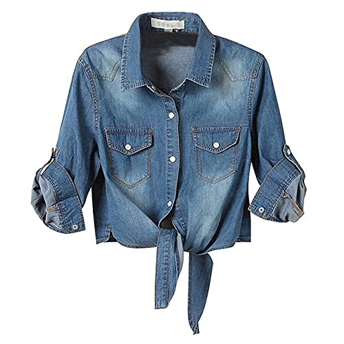 Damen Jeanshemd Jacke 3/4 Ärmel Knoten Krawatte Button Down Crop Casual Fashion Jean Top von KEERADS