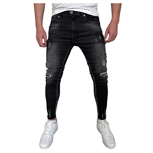 KEERADS Herren Jeans Hose Jeanshosen Slim Fit Strech Skinny Destroyed Löchern Jeans Denim (30, Schwarz) von KEERADS