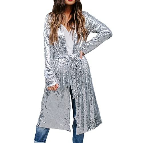 KEERADS Casual Silber Pailletten Langarm Langer Knopf Gürtel Mantel Strickjacke Mode Diva Cardigan (Silver, M) von KEERADS