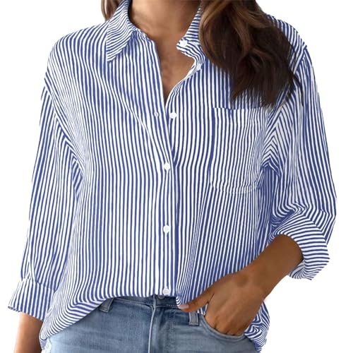 KEERADS Gestreiftes Button-Down-Hemd aus Baumwolle für Damen, etwas übergroße Langarmblusen, Oberhemden, Arbeitsoberteile Bluse Damen Langarm (Blau, M) von KEERADS