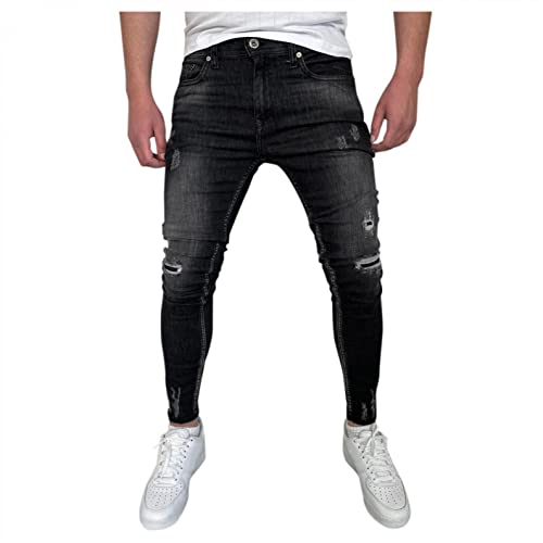 KEERADS Herren Jeans Hose Jeanshosen Slim Fit Strech Skinny Destroyed Löchern Jeans Denim (32, Schwarz) von KEERADS
