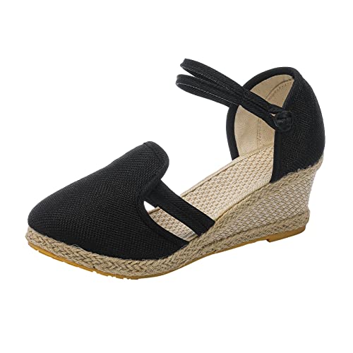 KEERADS Sandalen Damen Plattform Keil Leinen Vielseitige Geflochtene Schnalle Atmungsaktive Keilsandalen Barfuss Schuhe (Black, 40) von KEERADS