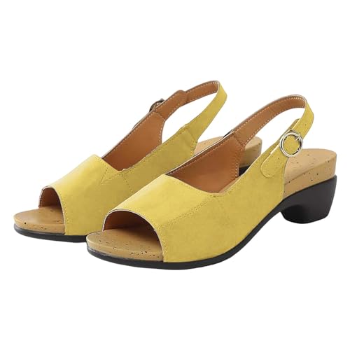 KEERADS Sandalen Damen Sommer Damenschuhe Große Größe Mittlerer Blockabsatz Bequeme Haut Passform Disperse Flugreise Strand Business Offene Schuhe (Yellow, 40) von KEERADS