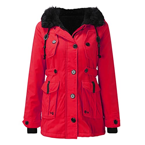 KEERADS Warm Winter Jacke Steppmantel Parka Frauen Zipper Mantel Puffer Skijacke Teddy Lange Elegant Kapuzenmantel Damen-Jacken Winterparka Damen-M?ntel Jacken Wintermantel Damen Lang (Red, XL) von KEERADS